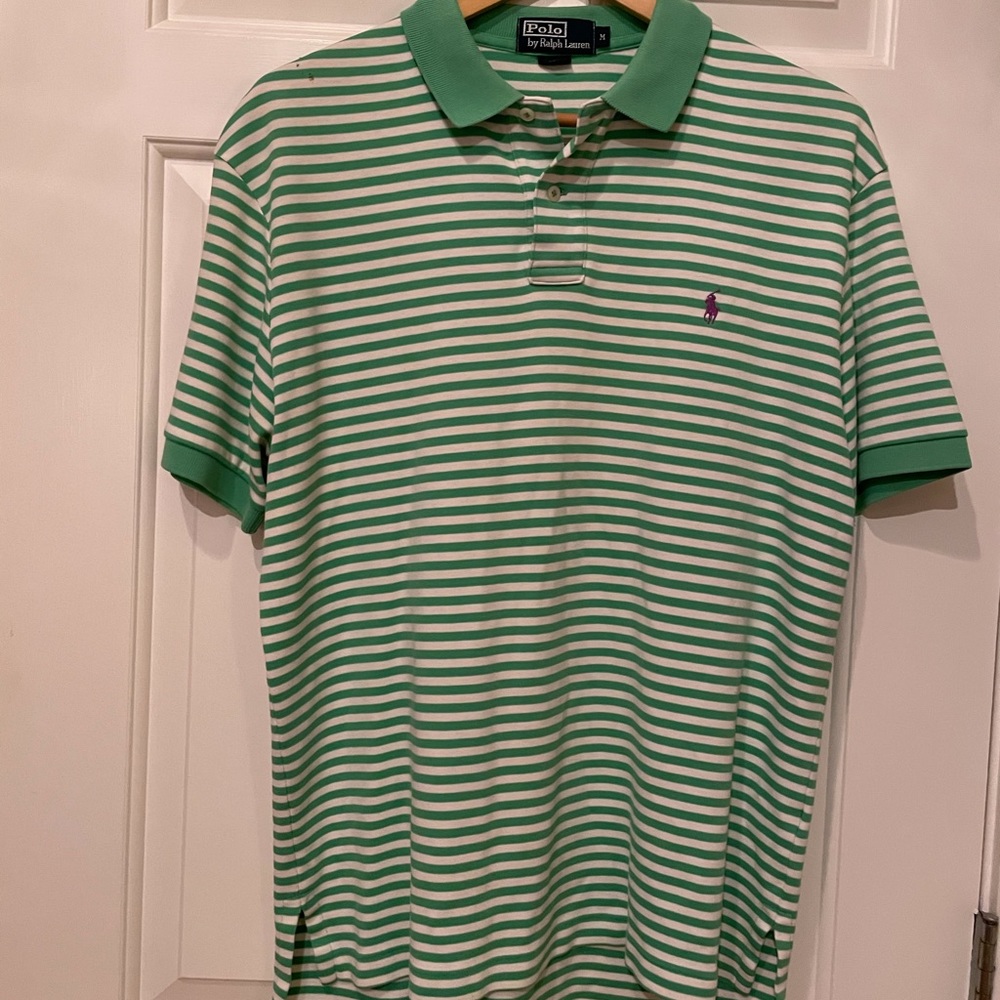 White and Green Striped Ralph Lauren Golf Shirt